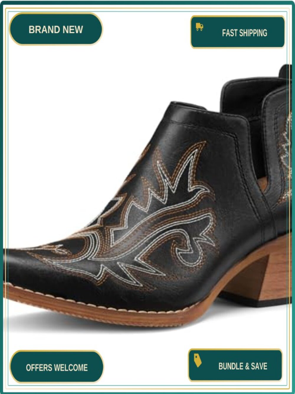 Western Cowboy Ankle Booties Vegan Leather Square Toe Block Heel